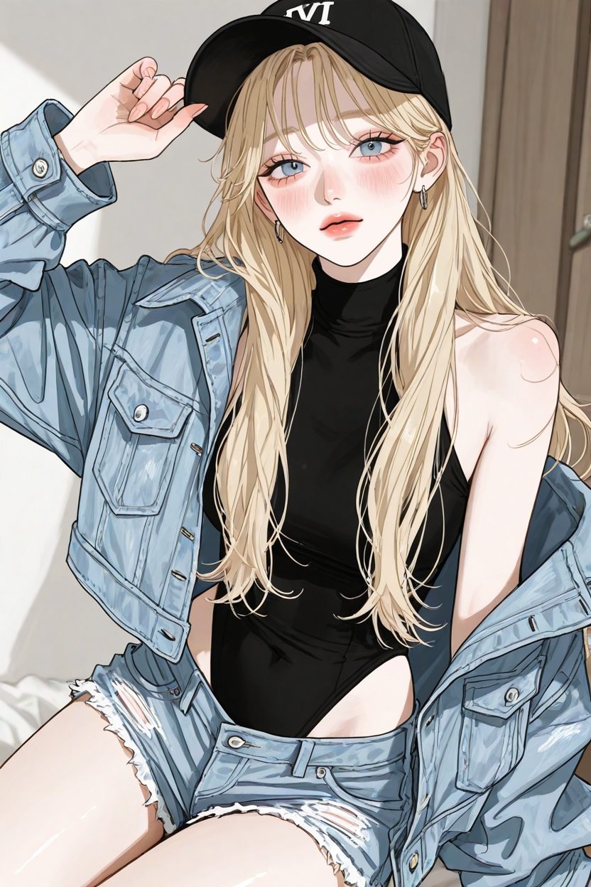 連體衣×丹寧短褲